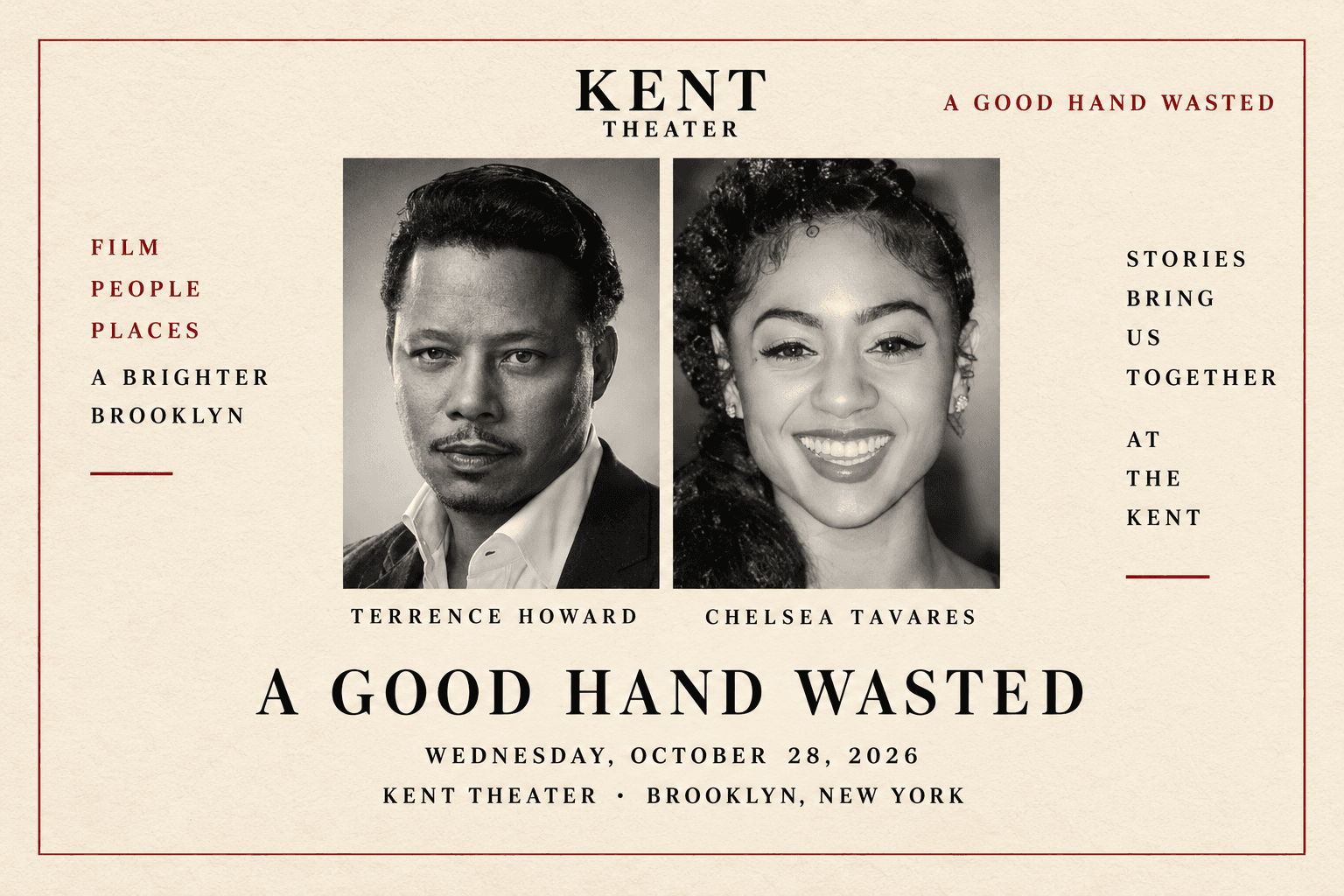 A Good Hand Wasted premiere print with Terrence Howard and Chelsea Tavares portraits, dated October 28, 2026