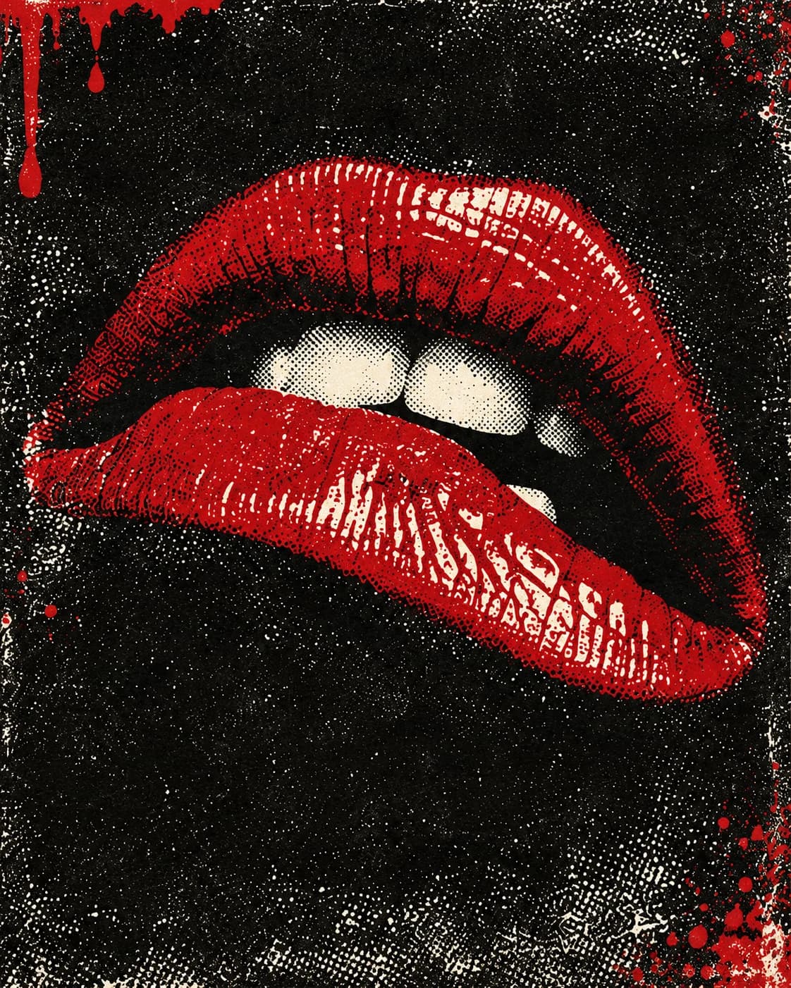 Crimson Rocky Horror lips on distressed black screenprinted paper